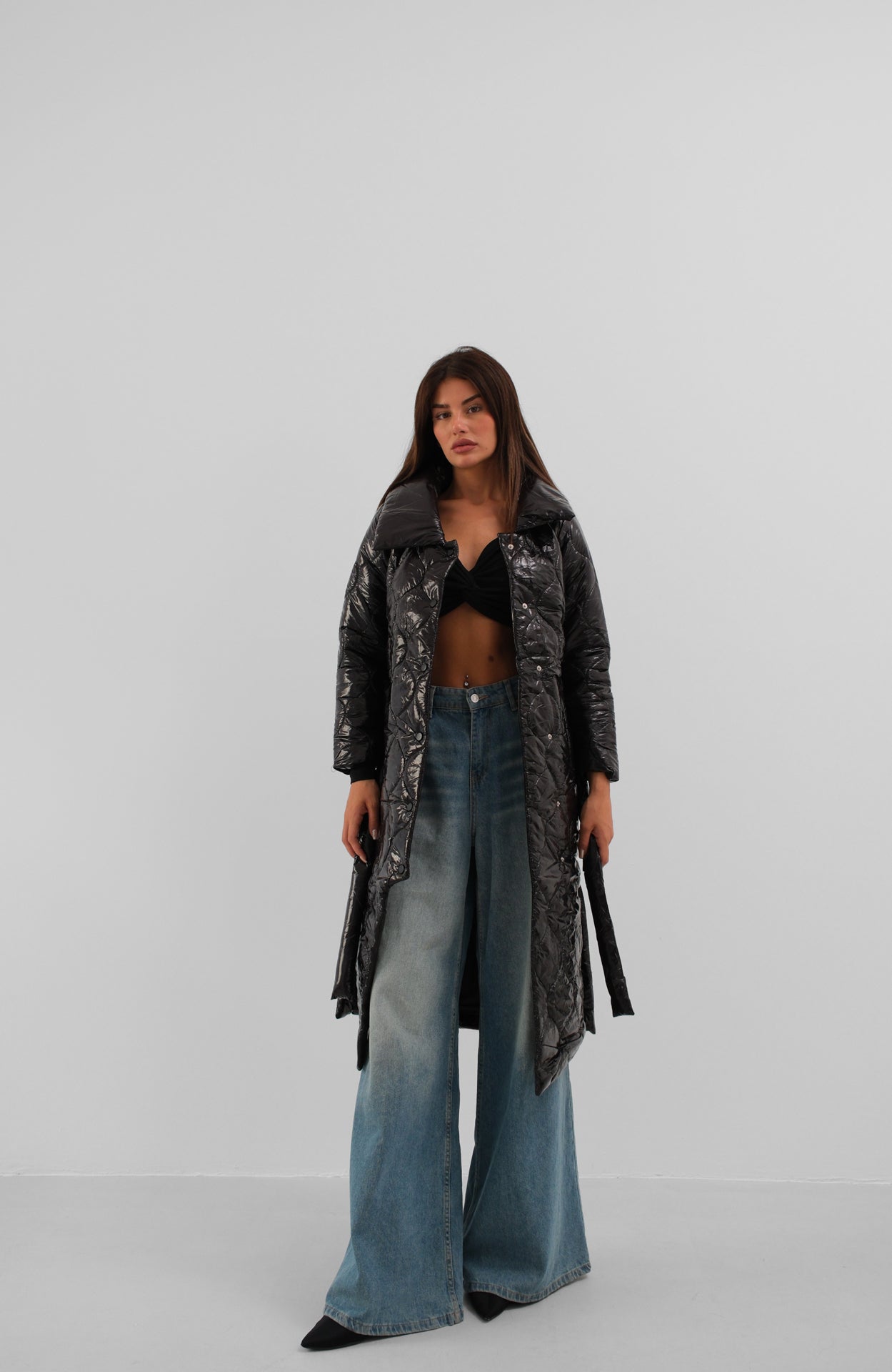 Ayesha™ | Dames Maxi Puffer Veste en Cuir Breveté Noir
