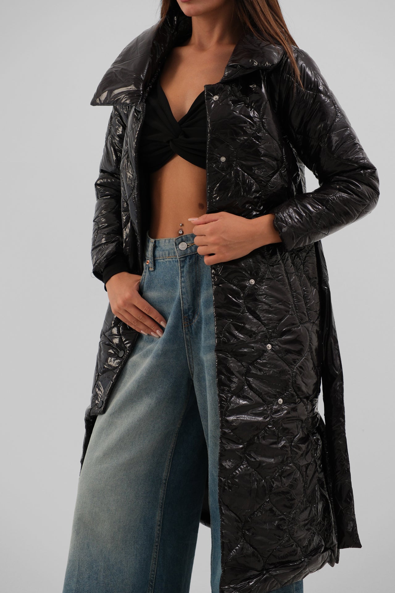 Ayesha™ | Dames Maxi Puffer Veste en Cuir Breveté Noir